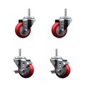 Service Caster 3 Inch Red Polyurethane Wheel Swivel 58 Inch Threaded Stem Caster Set 2 Brakes SCC SCC-TS20S314-PPUB-RED-58212-2-TLB-2